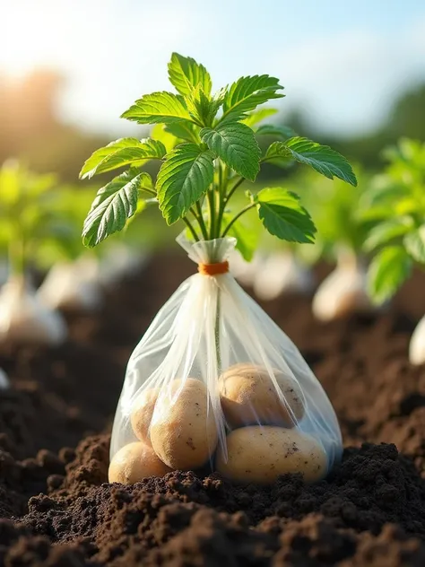 Generate an image of a potato plant growing in a plastic bag filled with soil. The plant has lush green leaves and stems sprouting above the bag. Inside the transparent plastic bag, multiple potatoes are visible, partially buried in the soil. The setting i...