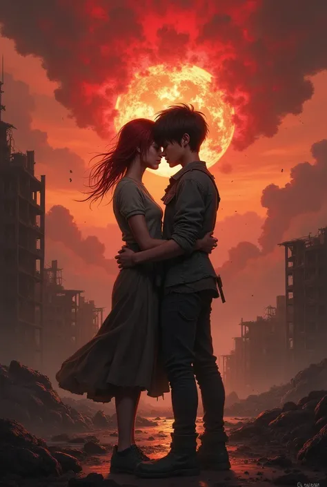 I want you to create a scenario with the end of the world and a couple of a redhead and a boy with black hair loving each other in that last moment of the end of the world, Make their clothes as if they had suffered a war I want to see a lot of chaos in th...