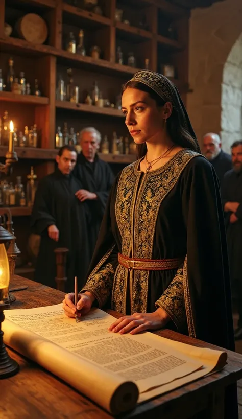 A powerful and cinematic depiction of Trotula of Salerno, the pioneering medieval physician, standing confidently in a grand medieval apothecary. She is dressed in an elegant yet practical academic robe with intricate golden embroidery, representing her st...