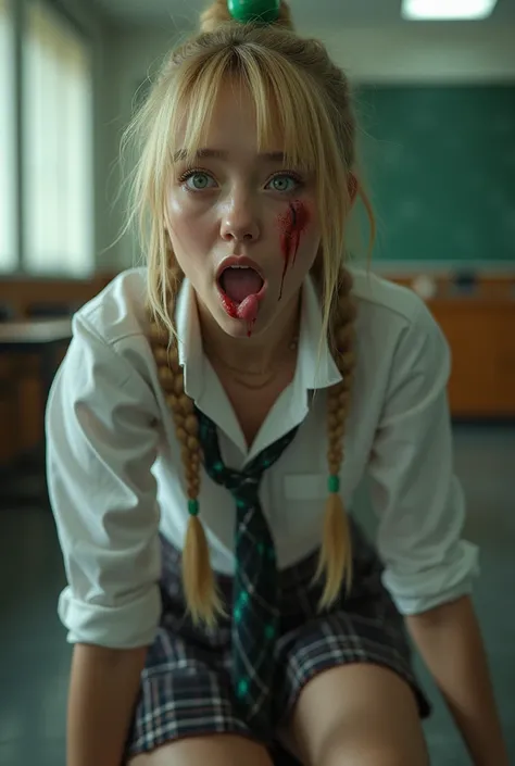 Generate nude. HD,  Kinematics ,  An 18-year-old woman dressed as a schoolgirl ,  light leather balcony,  with blond hair,  with braids, with a green bun in her hair ,  white shirt, plaid skirt,  in a classroom.  The half-detached shirt. He has a bleeding ...