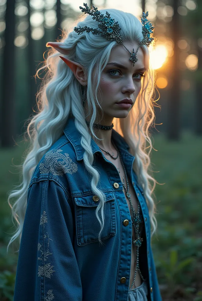 An otherworldly elven queen in a serene forest glade at dusk, her silhouette adorned with shimmering cybernetic enhancements that blend with the twilight's soft hues. Her regal gaze meets yours through iridescent eyes, hair flowing like liquid silver under...