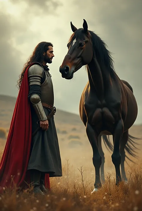 ((Foto RAW), absurdo, (resolução absurda)), obra-prima, melhor qualidade, (Papel Create a biblically based image in which a brave knight finds himself in a comically intense confrontation with an unexpected adversary: ​​a particularly assertive horse. Desc...