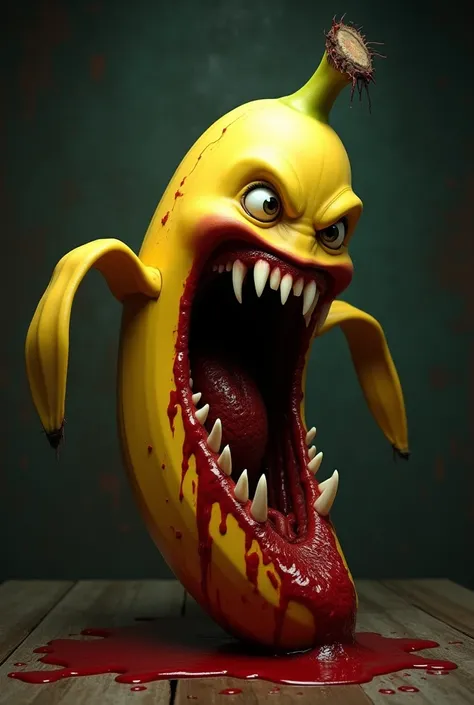 A banana with fangs covered in blood.