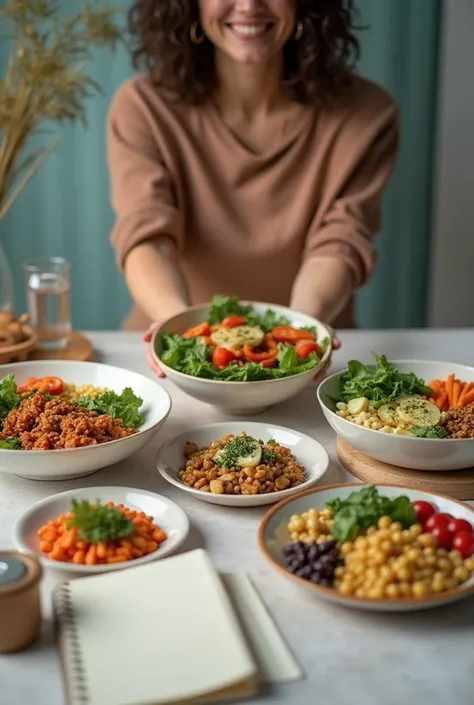  A well-organized table with different healthy dishes ,  representing variety and balance ,  alongside a notebook or an open food planning application . In the scene,  a smiling person holds a colorful plate ,  demonstrating satisfaction and pleasure when ...