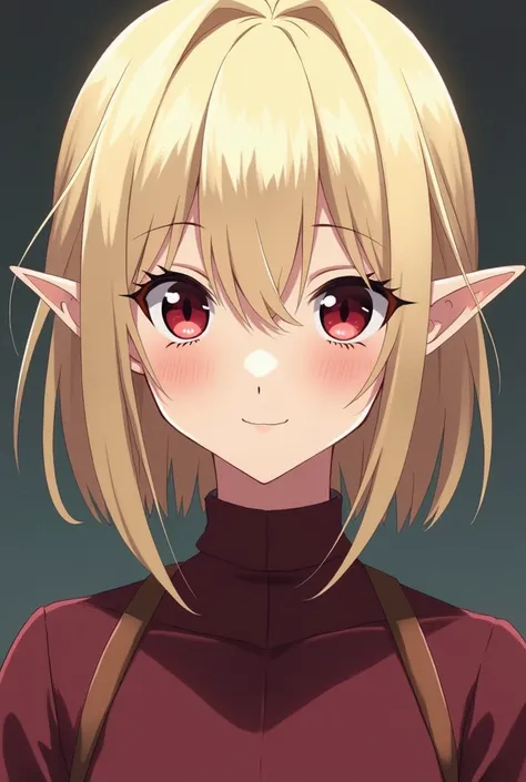 a ager anime girl with pointed ears and short straight blond platinum hair styled back (without a front piece). Wine colored sharp eyes (burgundy) and a scar crossing her left eye (through the eyebrow til her check but right in the middle of the eye in a s...