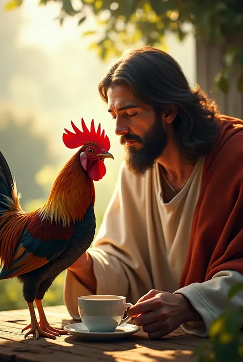 Create a realistic image of a rooster drinking coffee being blessed by Jesus 