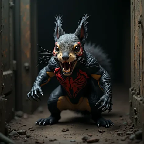 Make image realstic A real Angry Squirrel with Angry Venom's Black and red color costume design, Natural animal standing style. in the dark home