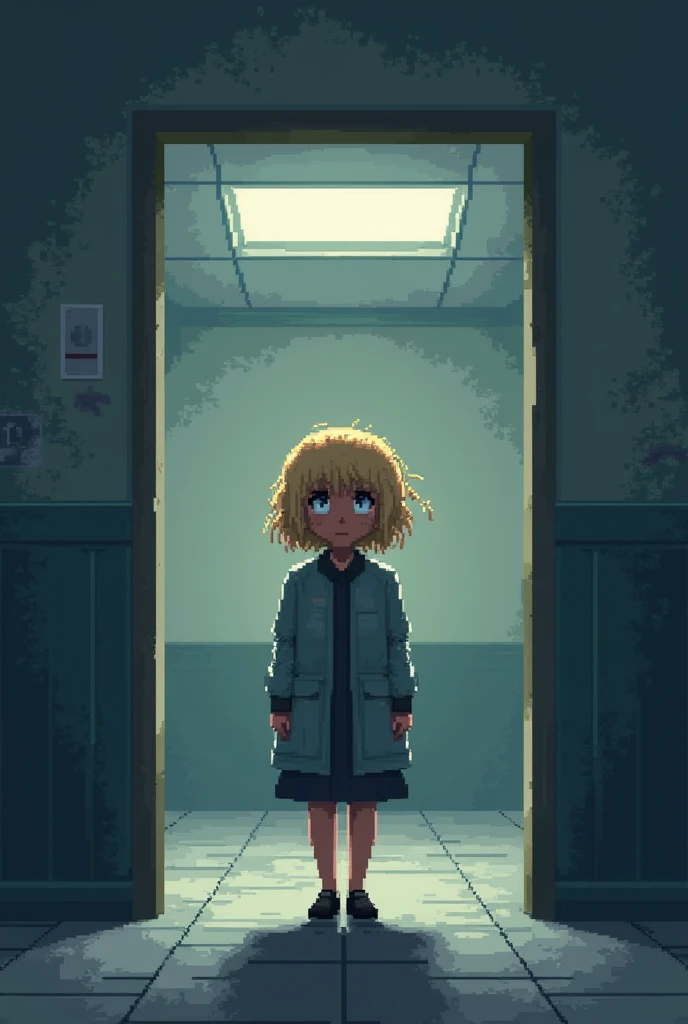  Pixel art ,  Young Girl,  full body, Asylum clothing,  blonde hair,  Brown skin, sad face , walking.