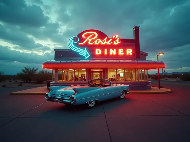 cinematic aerial photo, double exposure + motion blur, asymmetrical shot, a stunning 1960s diner, colors chrome, blue and red neon signs letters in cursive writing "Rosi's Diner", a Cadillac Convertible is parking in front of the diner, in a lonely Arizona...