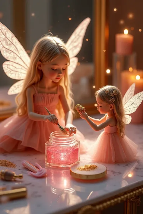 "A hyper-realistic, magical beauty studio where tiny, real-looking fairy girls with delicate translucent wings and flowing hair are creating luxurious makeup products. One fairy, wearing a shimmering silk dress, carefully stirs a glowing pink lip gloss mix...