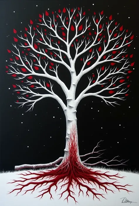 Painted with oil paints Black background and in the middle is a white tree that bleeds. There is also blood on the branches . A fallen branch on the ground. it's snowing this aphorism is written on the picture "When the land of Khojaly was engulfed in bloo...