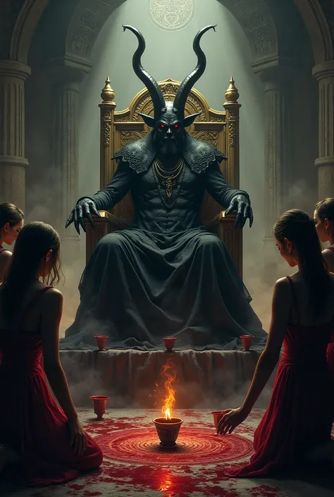 A baphomet seated on a throne with one hand holding an energetic sphere 
Women kneeling around the throne raising glasses overflowing with blood 