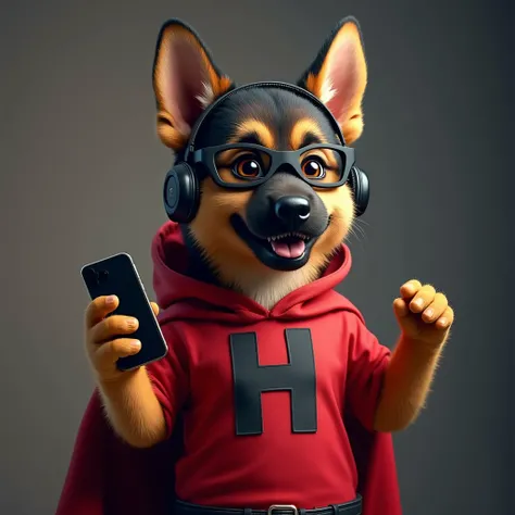 Create an image of a puppy avatar wearing a superhero outfit with a cover using a headset and a cell phone in his hand red t-shirt with black written on the clothes the letter H the puppy must be a German shepherd background with electronics  