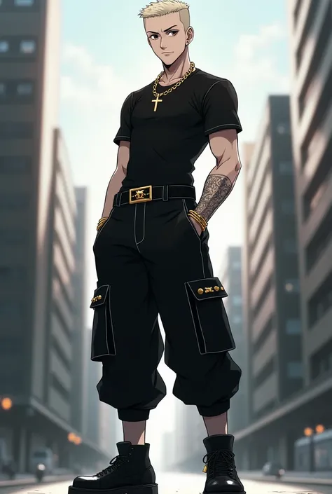  background of a city, Bleach style anime boy, Athletic and aesthetic body,  white skin,  dark brown eyes, tight black short sleeve sweater, gold chain with cross, Bald square black hair,  military style black pants and black sneakers,  with an expression ...