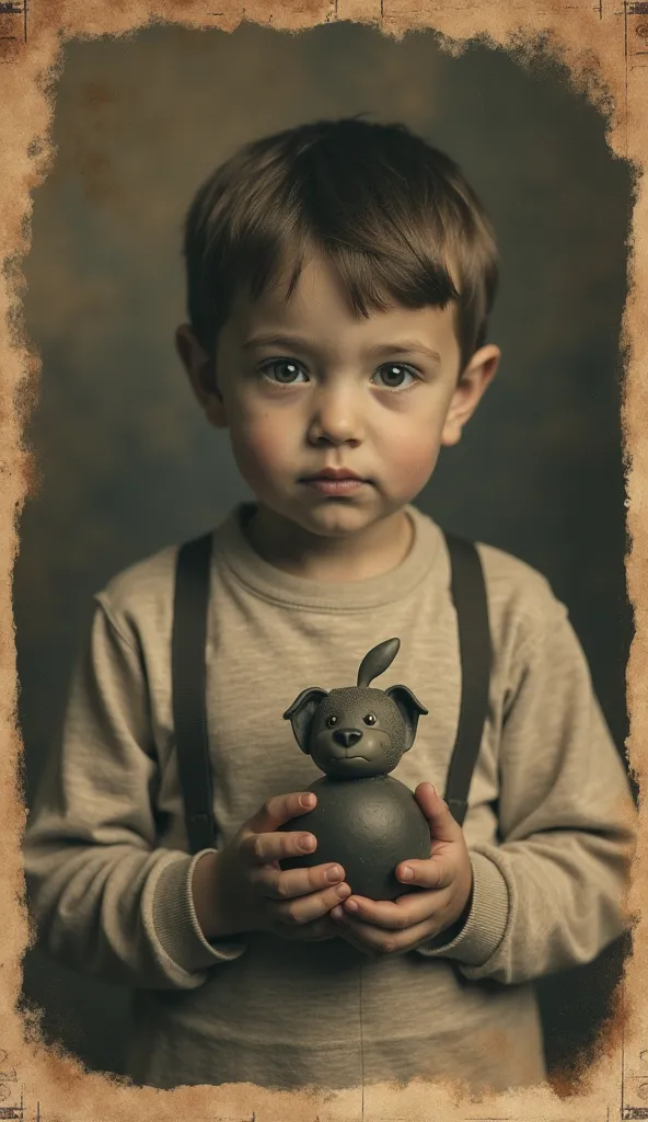   An old and worn photograph of a six-year-old boy,  with innocent eyes , holding a toy.  The image appears to be slightly burnt at the edges , giving an air of mystery and tragedy 