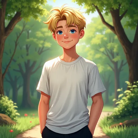  Create image of a blue-eyed blonde, fifteen years old .  He is wearing a white sports t-shirt , black pants and he is standing in the park.