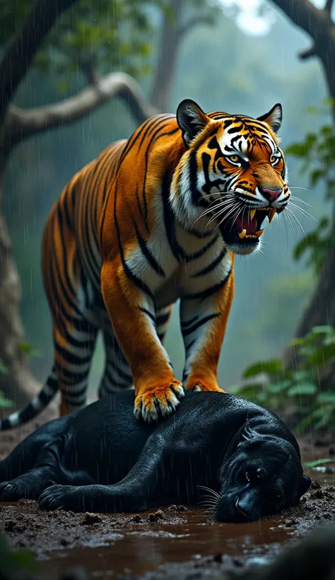 "A hyper-realistic, cinematic 4K depiction of raw dominance in a storm-lashed jungle at twilight. A massive Bengal tiger stands triumphantly over the lifeless body of a black panther, her golden-orange stripes blazing like fire against the shadowy undergro...