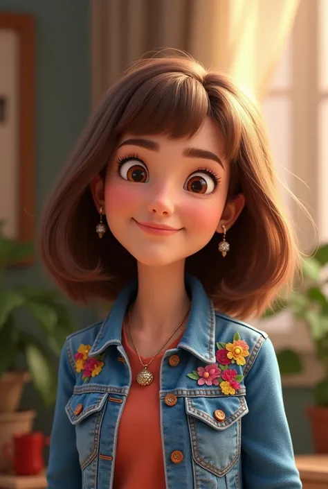 Disney/Pixar inspired 3D poster capturing a scene with a 56 year old woman, brown hair, shoulder length, with bangs on her forehead, round face she wears colorful denim jacket.she has round face.She has a happy expression