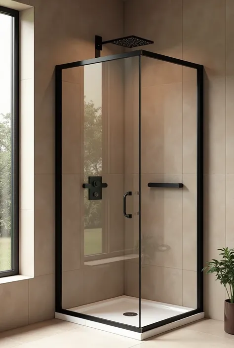 create a picture of a bathroom with a corner shower. without tray . sliding door , black thin hardware. light brown tile. Next to the window . There is no need to depict the toilet.