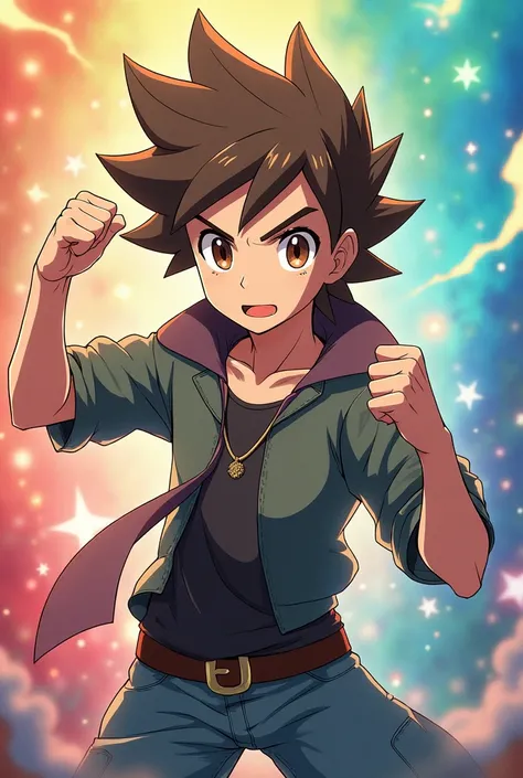 a Pokémon anime style character, he is a pokemon trainer, is a white man with messy brown hair and brown eyes, dressed as a casual superhero in a fighting position, with a background of many bright colors