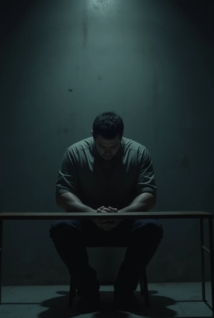 man sitting in an interrogation room with his head down, confessing his crime.