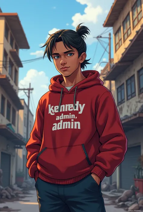 GTA animation style, man, 22 years old, gangster, trapper, gamer,  black hair, Braid,  boy,  boy,  sweatshirt written by Kennedy admin, admin, Scenario Guerra 