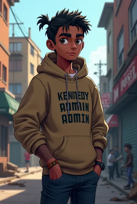 GTA animation style, man, 22 years old, gangster, trapper, gamer,  black hair, Braid,  boy,  boy,  sweatshirt written by Kennedy admin, admin, Scenario Guerra 