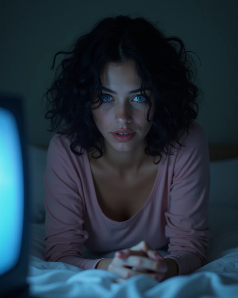  White woman with blue eyes and curly black hair with defined curls wearing a pink top sitting on the bed watching Netflix crying when the television appears 