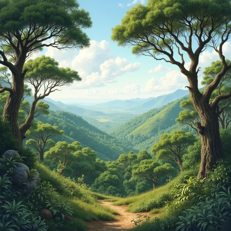 Realistic drawing of the beautiful pure African savanna forest