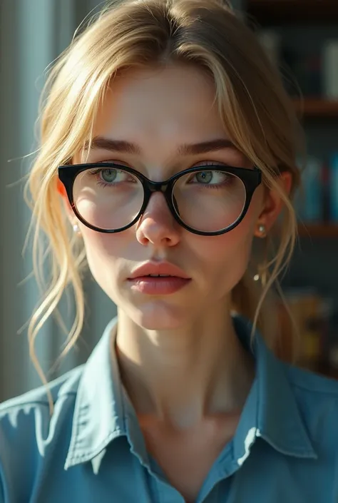  Seventeen-year-old girl , blonde, thin, Cacharrel blue blouse, kinematic square eyeglasses, Sharp Focus 