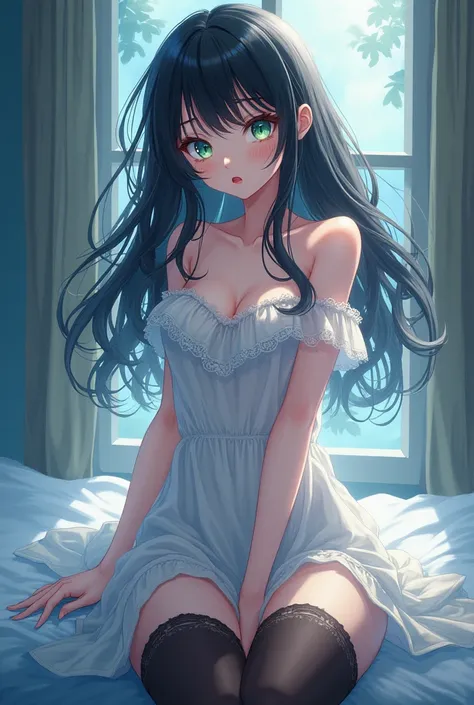 Create me a picture of an anime girl,  that has long black wavy hair,  heterochromia blue , Green,  night dress with stockings , full body picture 