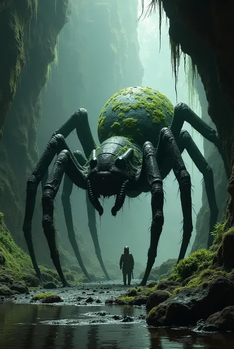 Cave spiders, poisonous black spiders with green lichen, lurking in a cave, big as a sheepdog, big mengbilare, black eyes, horrible monster, horror