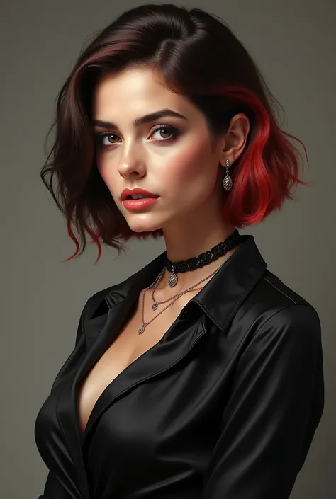 A Portuguese woman  ,  dark brown hair and red hair in her hair,   wears a black capos blouse  ,   choker necklace around her neck 