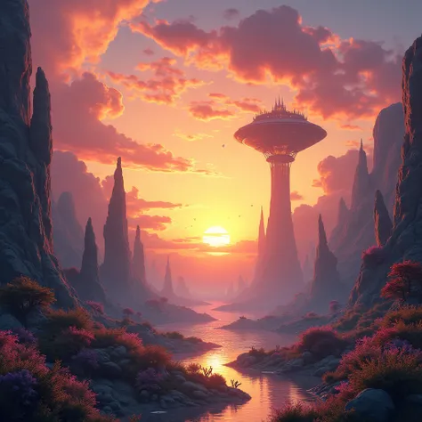 A landscape with the sunset and a totally fanciful world