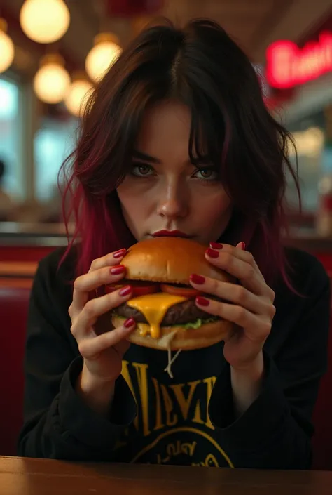  dark brown-haired woman ,  With red locks on the fringe , black blouse with the Nervana print , Eating a hamburger at a diner 