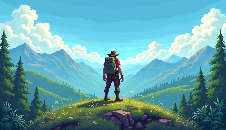 in the pixel art style, and for a fantasy and adventure game, create a scenario on a hill, at the top of the hill there must be a person with adventurer's clothes, around and under the hill there must be wild plants and trees, a blue sky with clouds, the p...