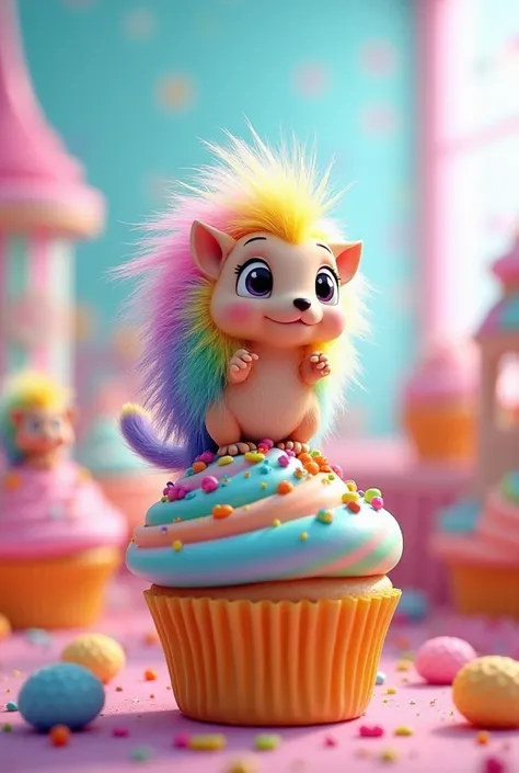 A 3D animated scene where a rainbow themed porcupine is standing on a colourful cupcake.And the background is also rainbow cupcake themed.