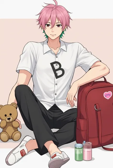 Male anime character, six-pack, black eyes, pink hair, green hair, white shirt with a B pattern in the middle of the shirt, black trousers, white pink shoes, brown teddy bear, a bottle of pink milk and a bottle of green tea next to his bag. Red backpack wi...