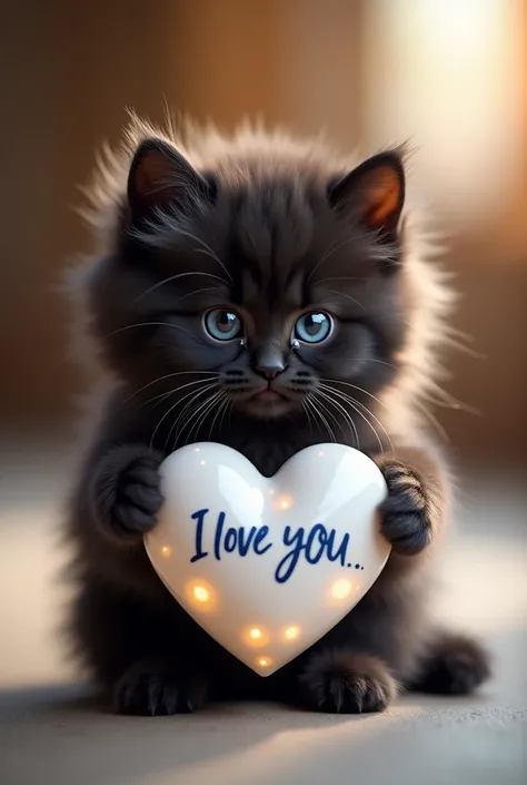  A fluffy, tiny black kitten ,  with a thick, well-groomed coat ,  sitting erect while holding a heart-shaped object with its small paws .  The kitten's fur is pure white ,  soft and slightly disheveled ratio ,  giving it an irresistibly adorable appearanc...