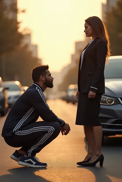  A realistic photograph showing a man wearing a tracksuit and sneakers crouched next to a car on an urban street,  looking at a businesswoman who is in front of him .  The woman wears a suit of jacket and skirt , tacones altos, is taller than men and has a...