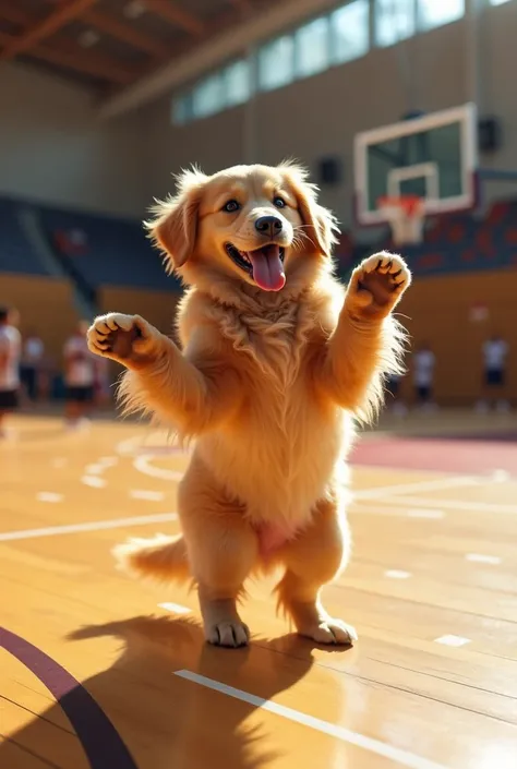 A dog dancing on a court 