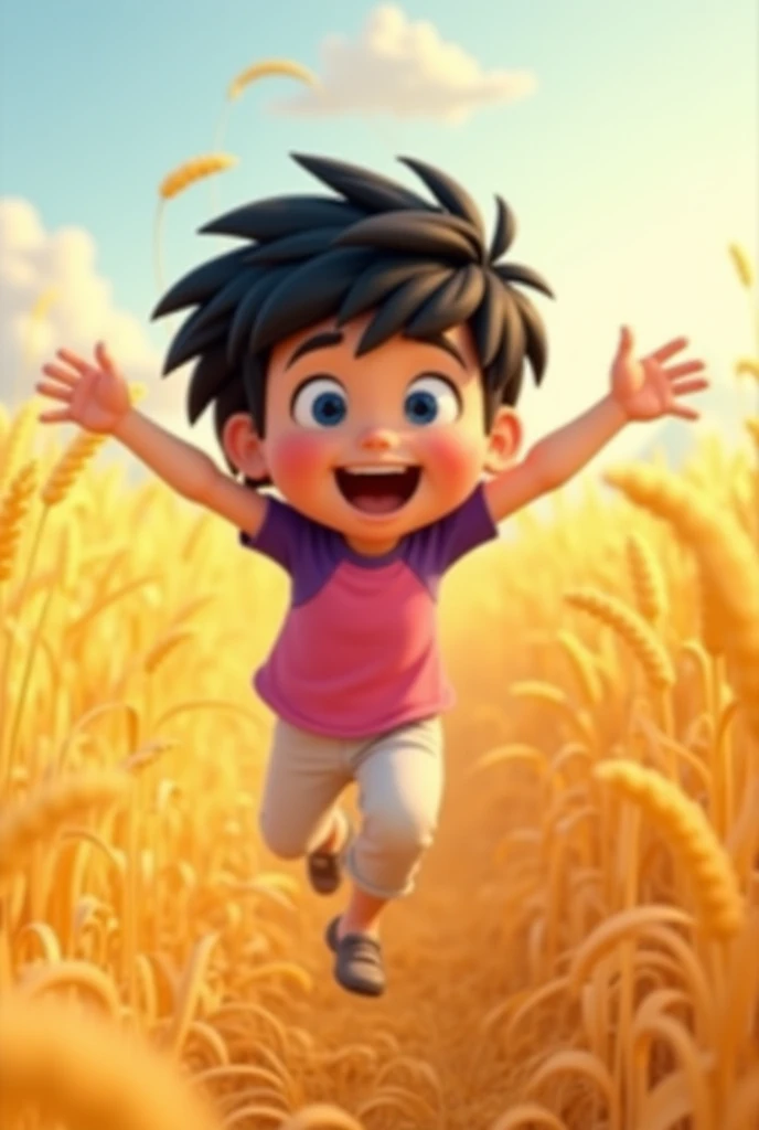 The young  with black hair, big blue eyes, and a bright smile, wearing a pink and purple shirt with white pants, running joyfully through a golden wheat field with his arms wide open, feeling the breeze of the village." 3D Pixar style 