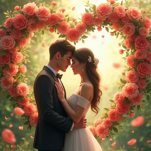 A romantic couple with a heart background with flowers 