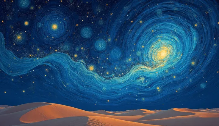 breath taking,Van Gogh-style starry sky in the quaint night sky,Calm desert,Spreading,