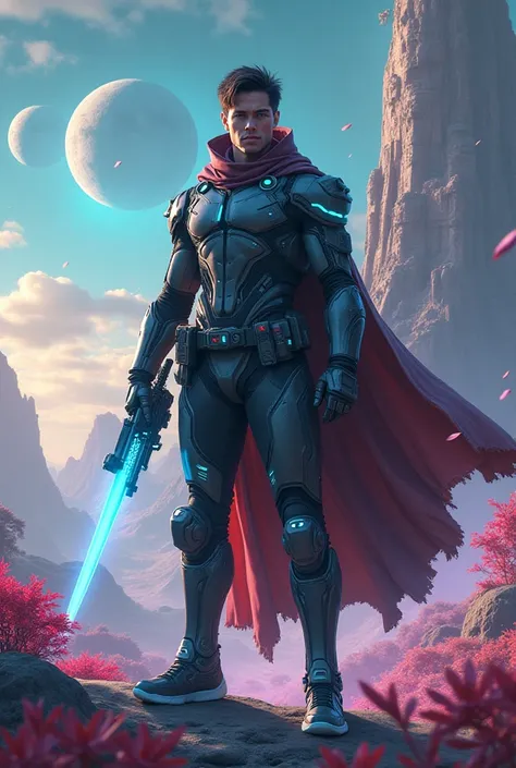 
A **handsome 25-year-old man** with a muscular, athletic build stands confidently in a futuristic, alien landscape. He is wearing a sleek, high-tech armored suit with glowing blue accents, a utility belt filled with advanced gadgets, and a flowing, tatter...