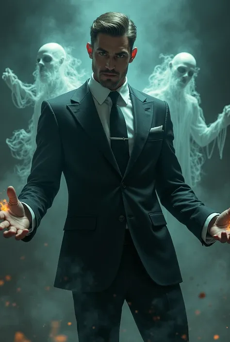 Handsome shaman dressed in a suit and tie using his power to manipulate ghosts