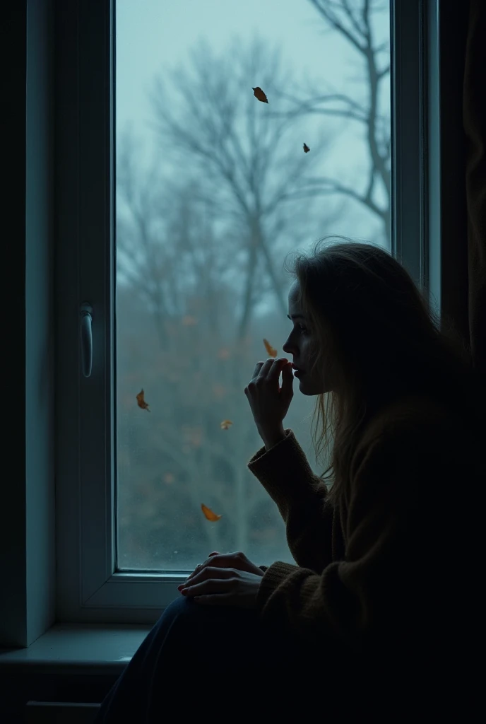 A lonely woman sitting by the window, staring outside as cold wind blows. The trees are bare, dry leaves fly in the air. The atmosphere is melancholic, gray and blue tones dominate the scene. The room is dimly lit, a soft warm light highlights her face. Sh...