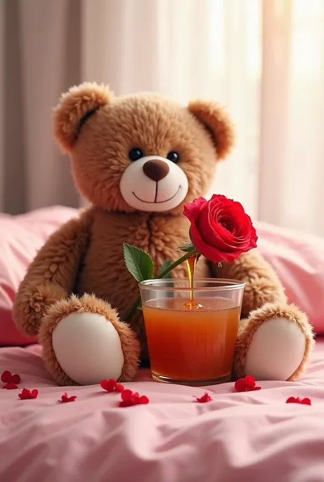 Create a lovely red flower with a lovely brown teddy bear on top of a bed let the background be a bed room with a brown teddy bear on the bed and the bed should be pink and a jug  honey pouring it itself inside a cup let the background be white and with a ...