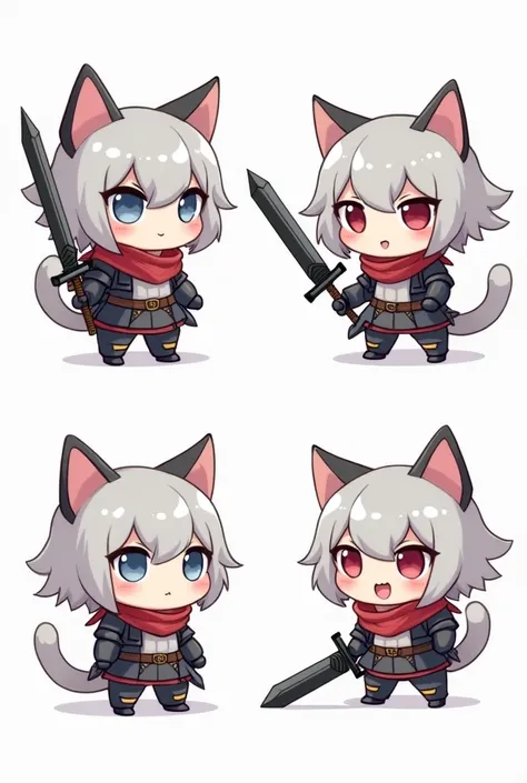 a close up of four different images of a cat with a sword, cute!! chibi!!! catgirl, fully robotic!! catgirl, cute anime catgirl, anime catgirl, white cat girl, advanced digital chibi art, character art of maple story, ( ( character concept art ) ), armored...