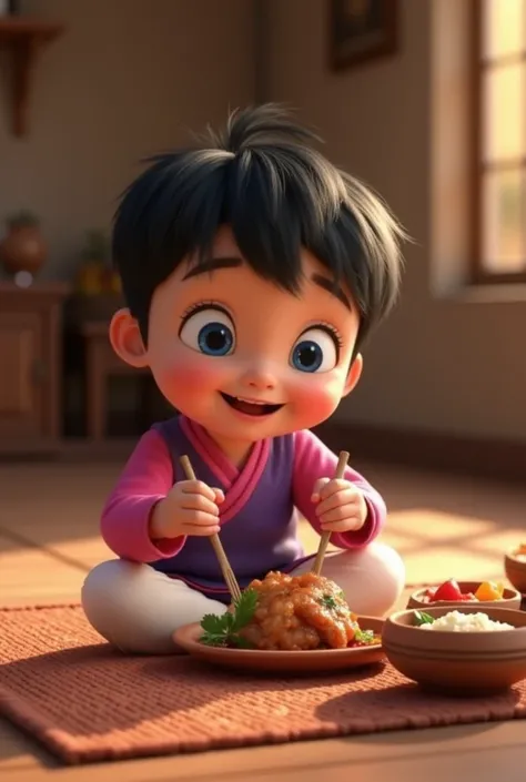 The  with black hair, big blue eyes, and a happy face, wearing a pink and purple shirt with white pants, sitting on a wooden mat in a cozy village home, eating a traditional meal with his grandparents using clay dishes 3D Pixar style 